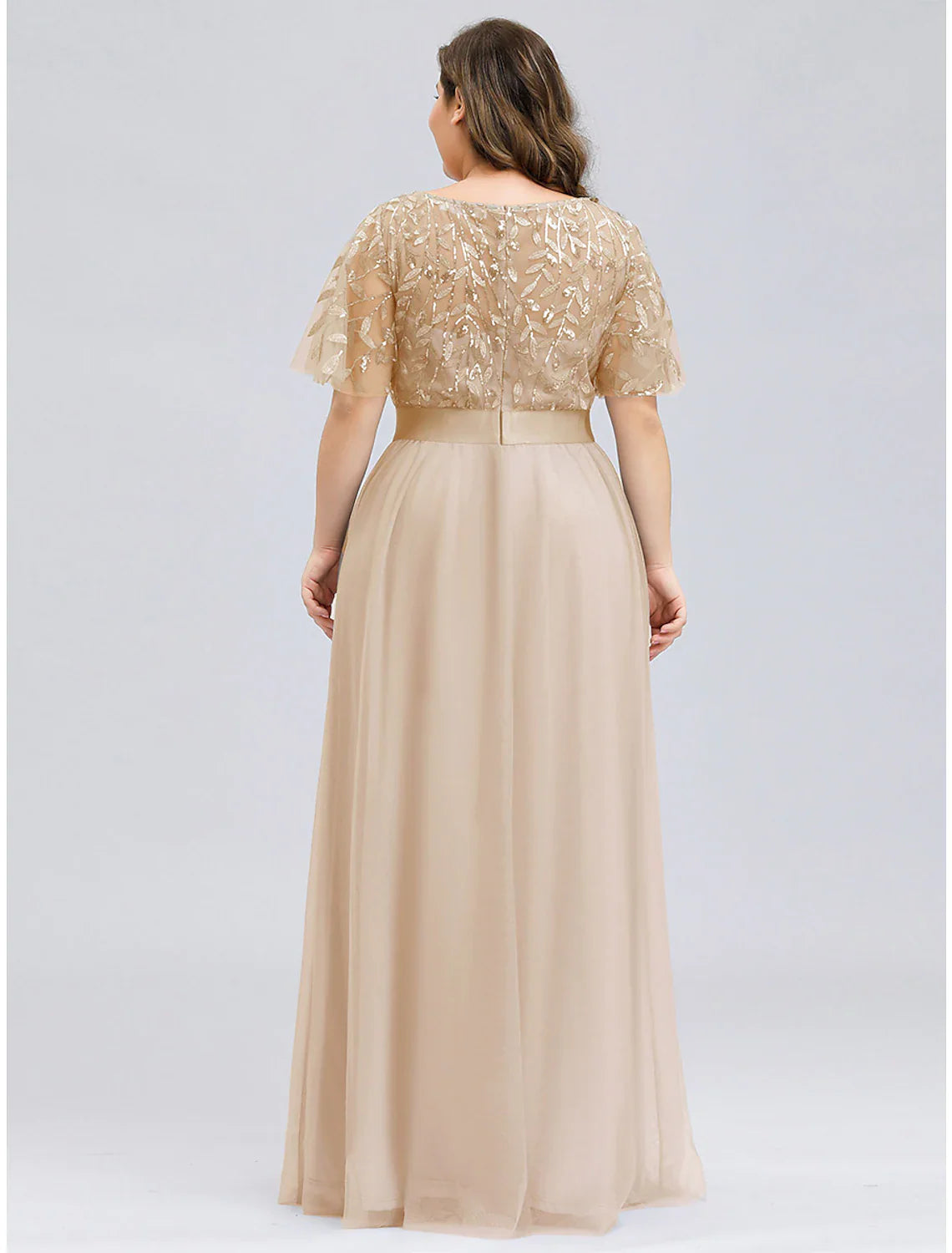 A-Line Prom Dresses Dress Wedding Guest Floor Length Short Sleeve Tulle with Sequin Appliques