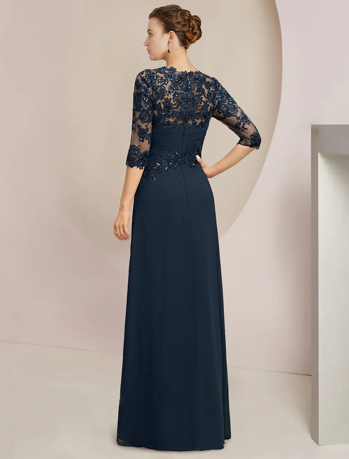 DingJiDress A-Line Mother of the Bride Dress Formal Wedding Guest Elegant Jewel Neck Floor Length Chiffon Lace Sequined Half Sleeve with Sequin Ruching