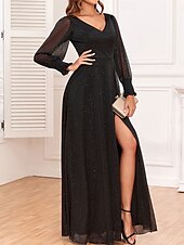 Dress Mother of the Bride Dress Elegant Party Black Dress V Neck Floor Length Polyester Long Sleeve with Sequin