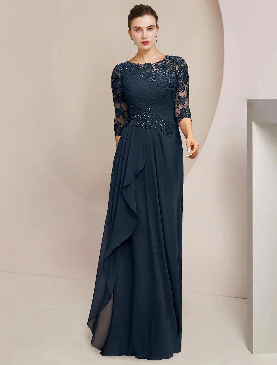 DingJiDress A-Line Mother of the Bride Dress Formal Wedding Guest Elegant Jewel Neck Floor Length Chiffon Lace Sequined Half Sleeve with Sequin Ruching