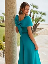 Evening Gown Elegant Dress Formal Wedding Ankle Length Short Sleeve Queen Anne Champagne Mother Of the Bride Dress Satin with Bow(s) Beading Butterfly