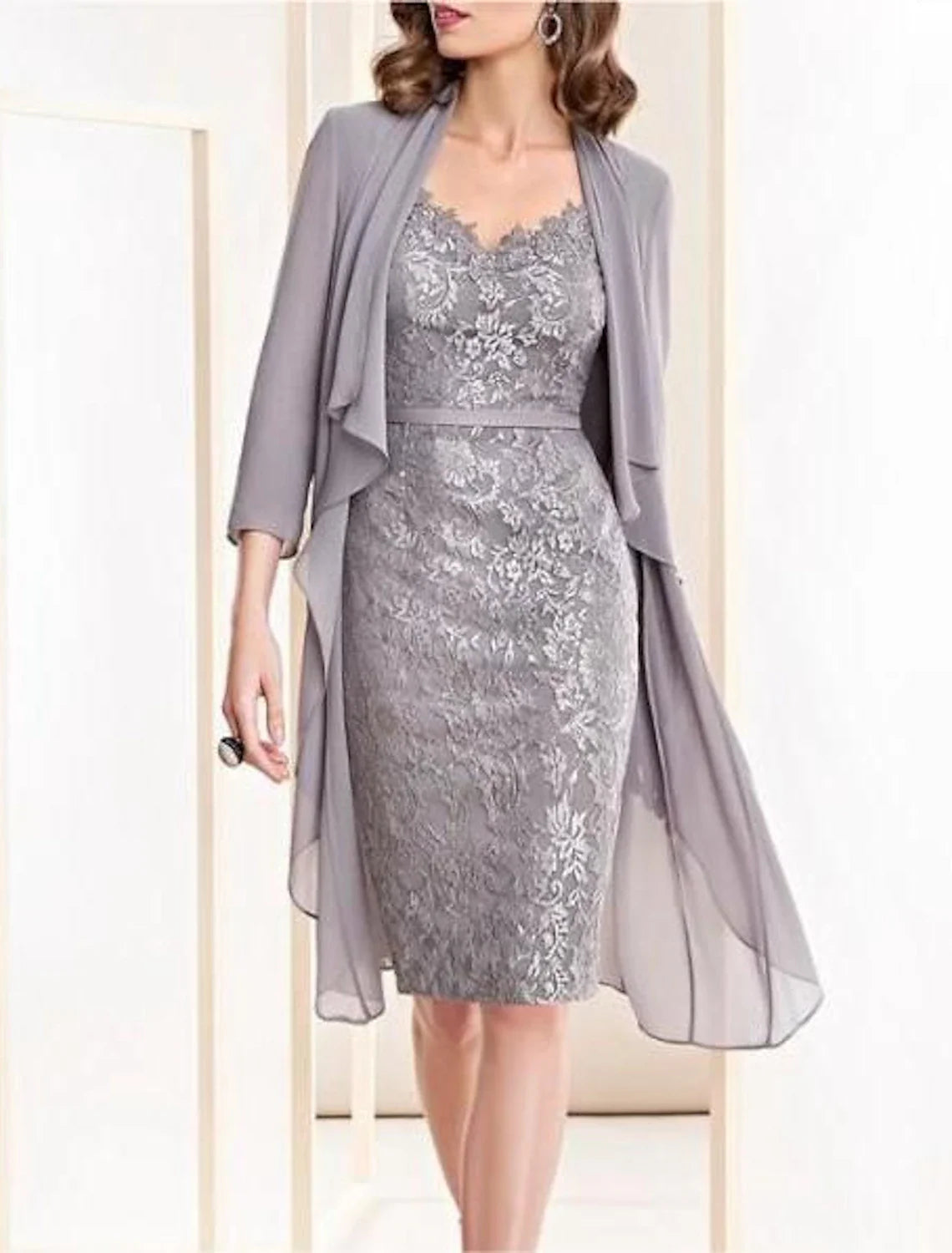 Two Piece Sheath / Column Mother of the Bride Dress Wedding Guest Elegant V Neck Knee Length Chiffon Lace 3/4 Length Sleeve with Lace Appliques