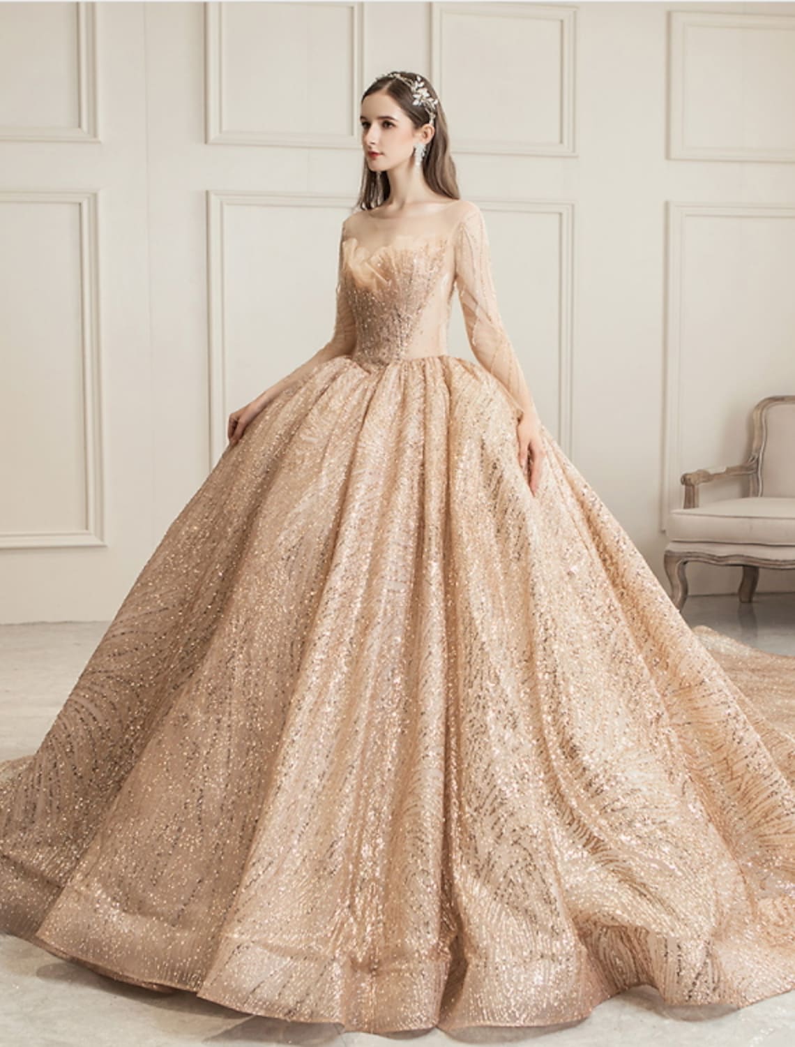 Engagement Wedding Dresses in Formal Wedding Dresses Chapel Train Long Sleeve Tulle With Ruched