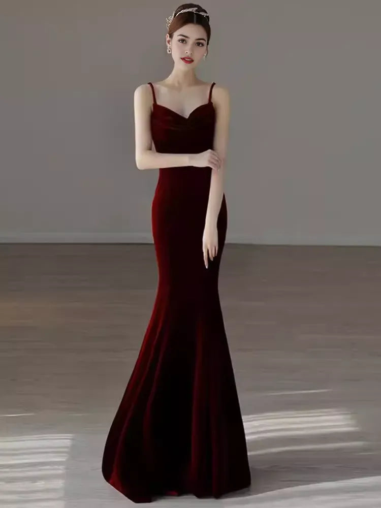 Mermaid Straps Velvet Red Party Dress Long Backless Prom Dress