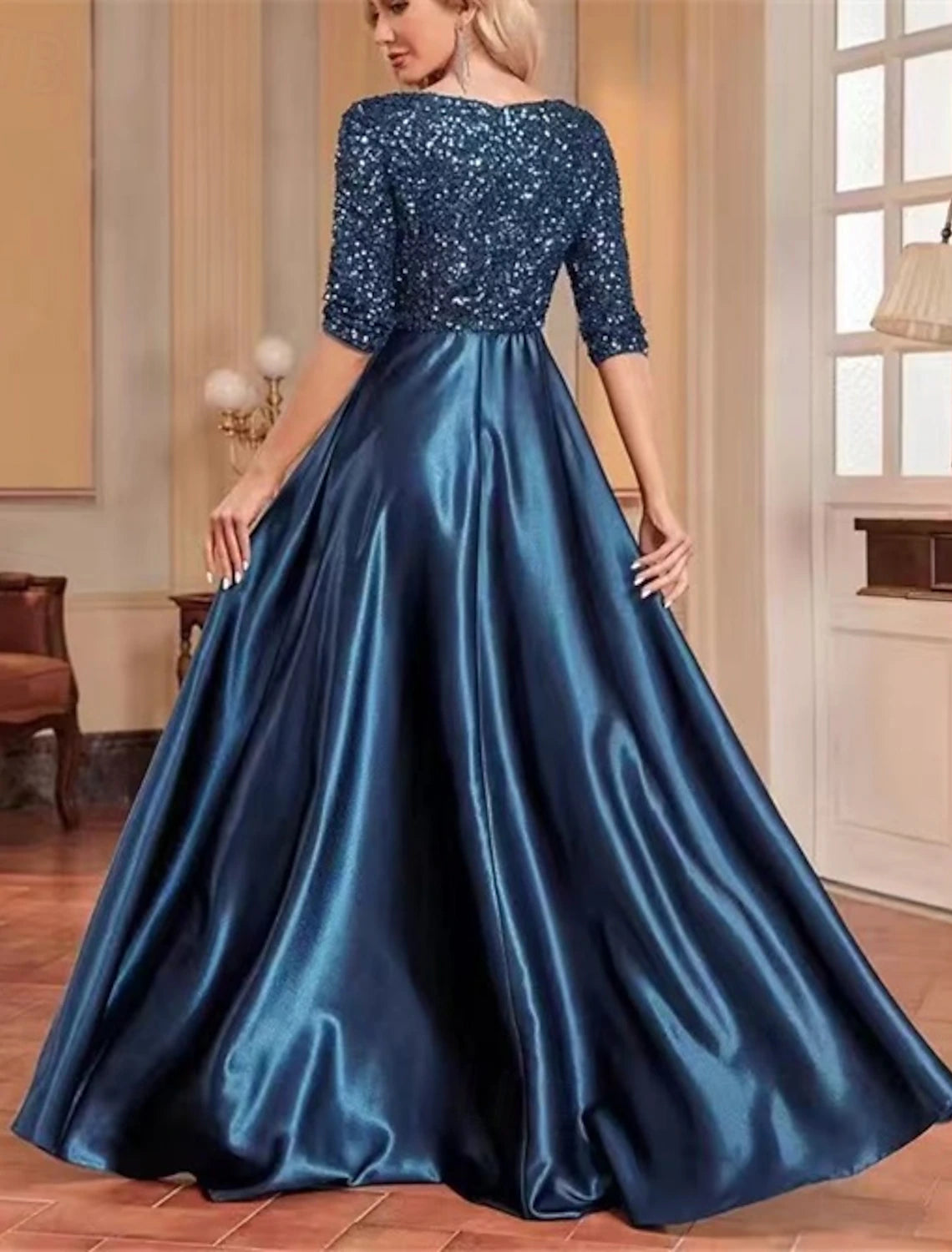 A-Line Evening Gown Party Dress Evening Party Party Wear Floor Length Short Sleeve V Neck Wednesday Addams Family Lace Cowl Back with Glitter Sequin