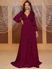 A-Line Evening Gown Elegant Dress Formal Wedding Floor Length Long Sleeve V Neck Chiffon with Ruffles Shouder Flower