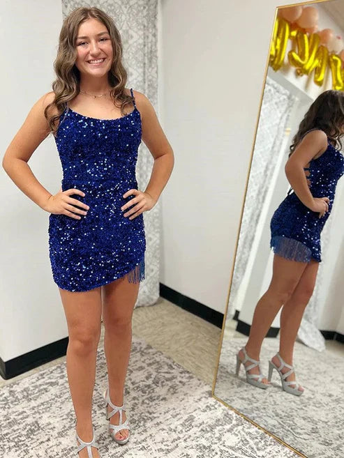 DingJiDress Sexy Fitted Spaghetti Straps Sleeveless Short Velvet Sequin Prom Dress