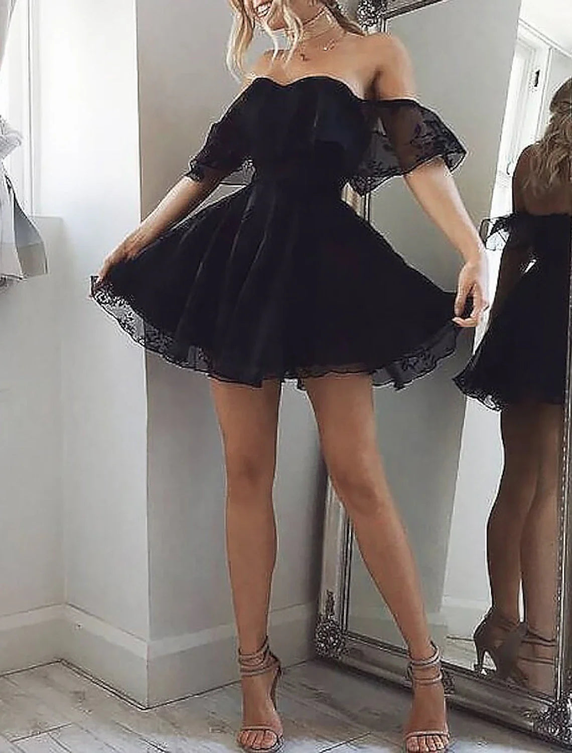 A-Line Homecoming Dresses Little Black Dress Dress Holiday Graduation Short / Mini Sleeveless Off Shoulder Lace with Appliques