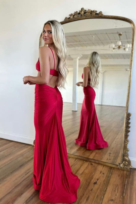 Red Mermaid Prom Dress with Delicate Spaghetti Straps with Beaded Detailing