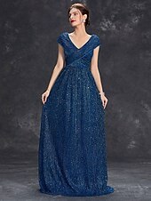 Dress Mother of the Bride Dress Elegant Party V Neck Floor Length Chiffon Polyester Short Sleeve with Sequin