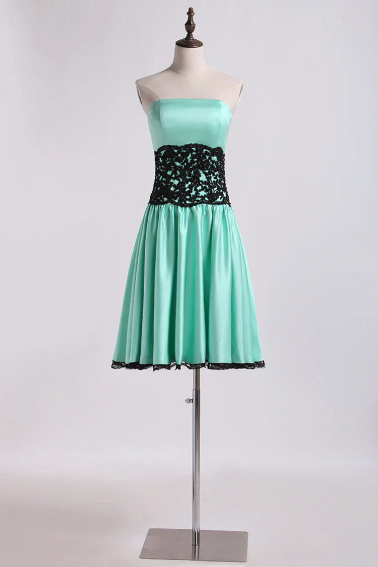 DingJiDress Bridesmaid Dresses Strapless  A Line Tea Length Elastic Satin
