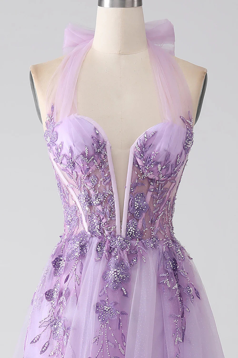 DingJiDress Grey Purple A-Line Halter Neck Beaded Long Prom Dress