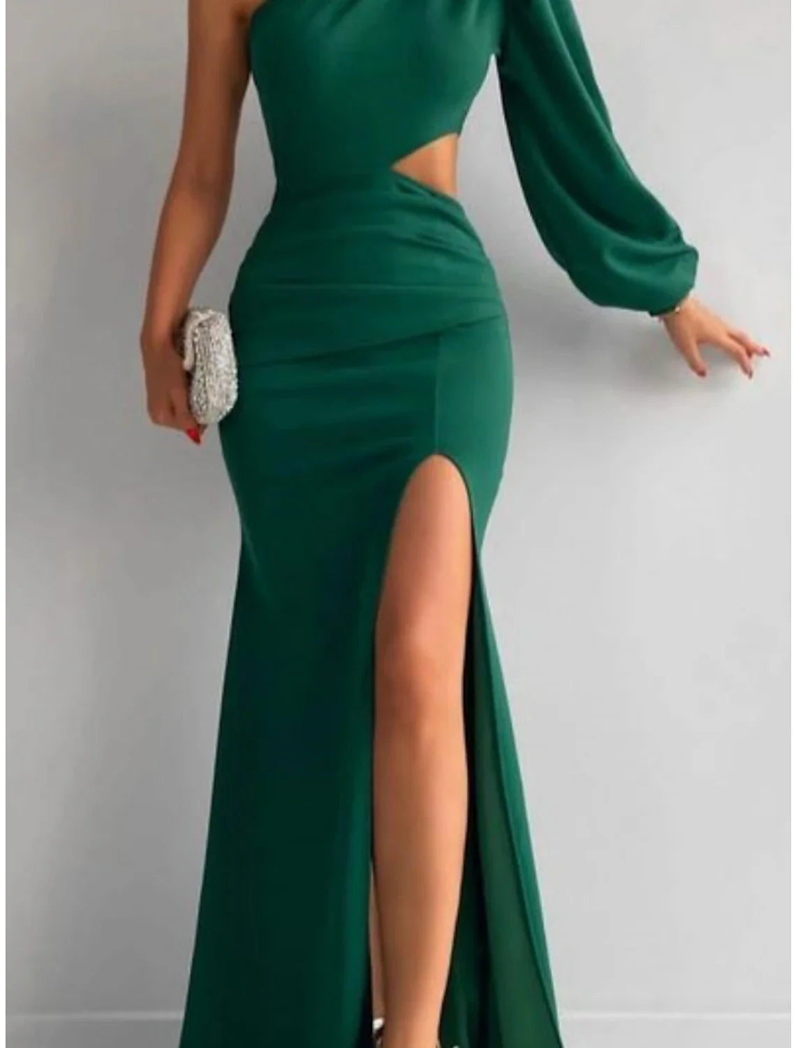A-Line Evening Gown Elegant Dress Formal Sweep / Brush Train Christmas Red Green Dress Long Sleeve One Shoulder Stretch Fabric with Pleats Ruched Slit