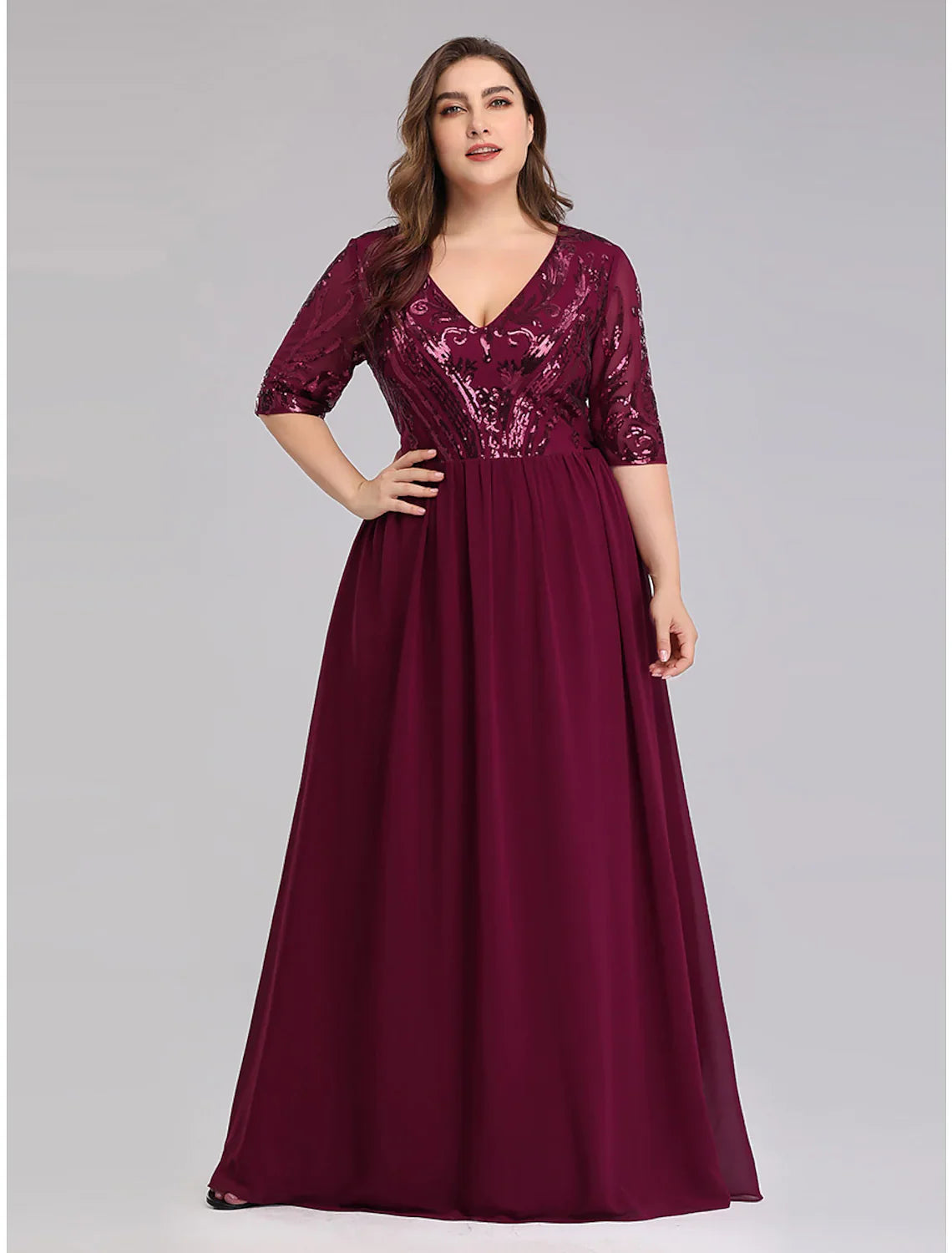 A-Line Prom Dresses Plus Size Dress Wedding Guest Floor Length Half Sleeve Plunging with