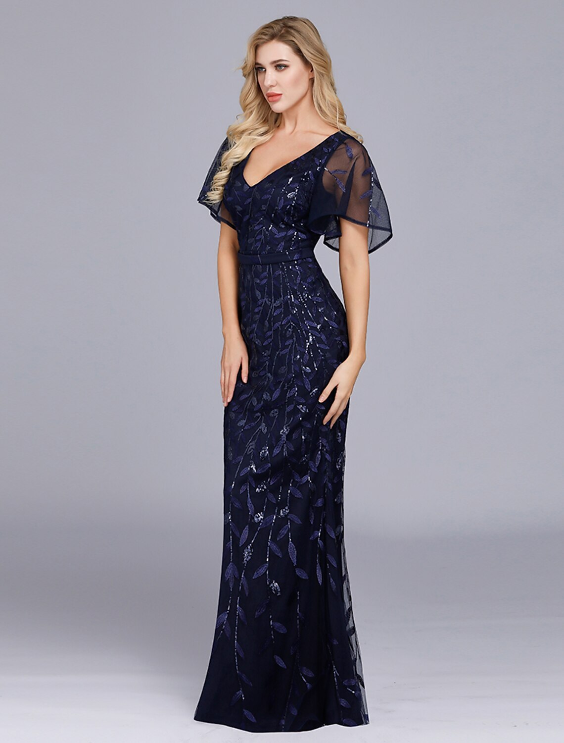 Mermaid / Trumpet Evening Gown Empire Dress Party Wear Floor Length Short Sleeve Jewel Neck Tulle with Ruffles Embroidery