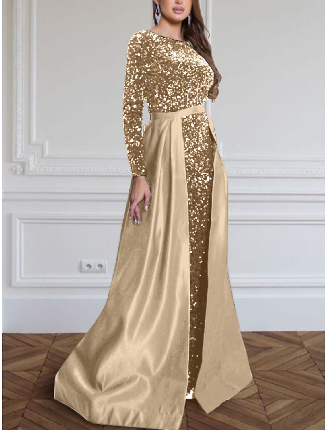 A-Line Evening Gown Sparkle & Shine Black Dress Plus Size Formal Fall Sweep / Brush Train Long Sleeve Jewel Neck Sequined with Glitter Pleats