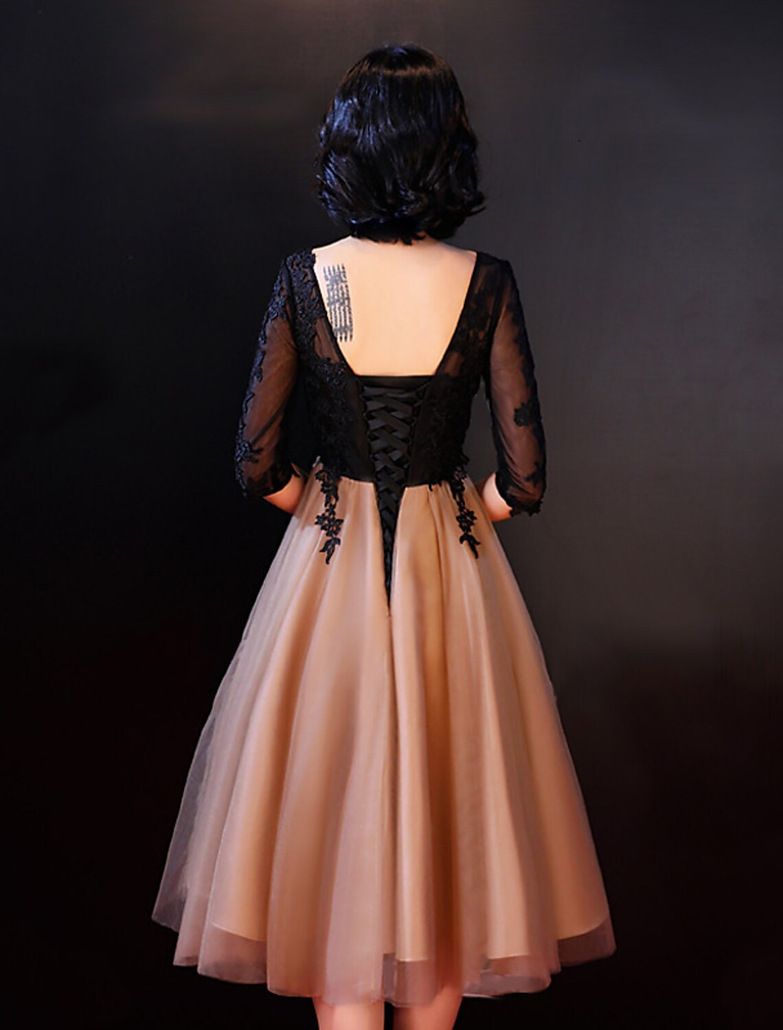 A-Line Wedding Dress Boat Neck Backless Half Sleeve Knee Length Lace Appliques