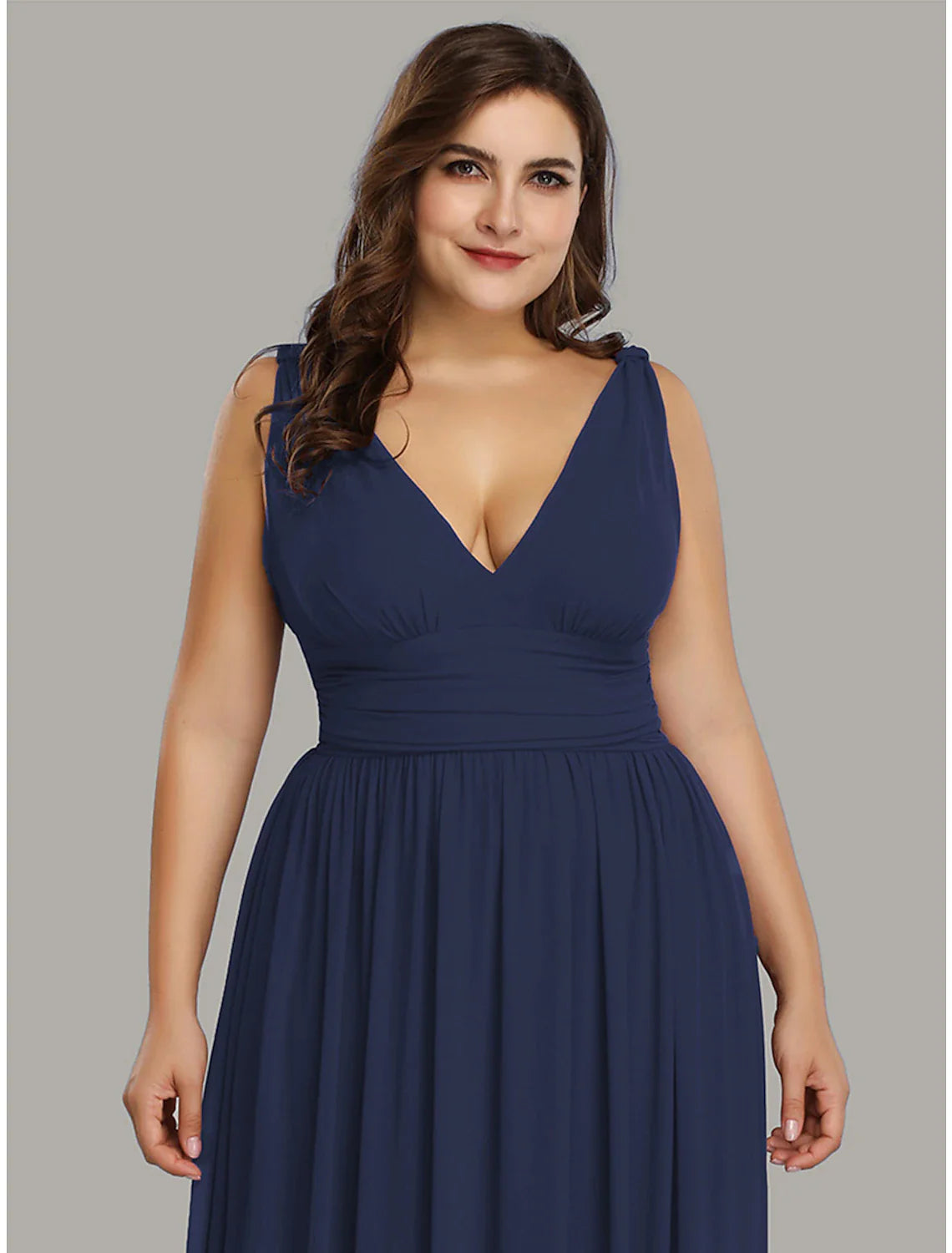 A-Line Plus Size Wedding Formal Evening Dress V Neck V Back Sleeveless Floor Length Chiffon with Pleats