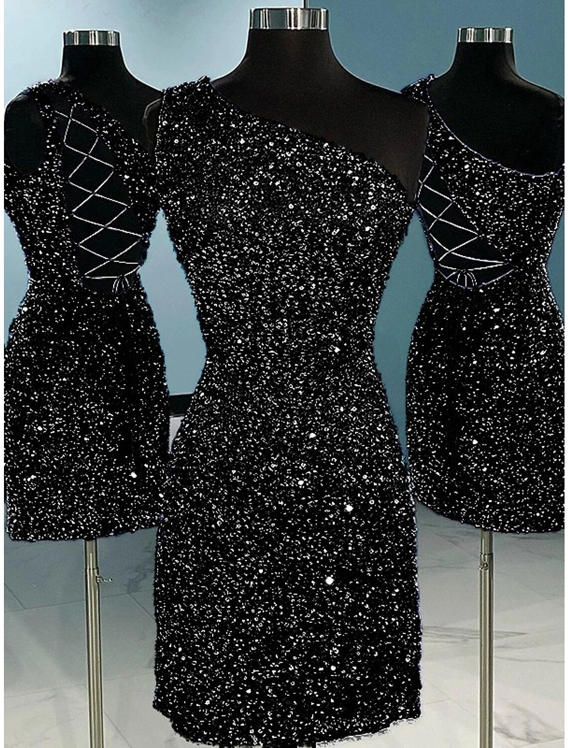 A-Line Short / Mini One Shoulder Sheath / Column Homecoming Dresses Sparkle & Shine Dress Holiday Sleeveless Sequined with Glitter Strappy