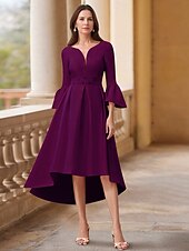 A-Line Dress Mother of the Bride Dress Wedding Guest Elegant V Neck Asymmetrical Tea Length Satin 3/4 Length Sleeve with Pleats Solid Color Derby Dresses