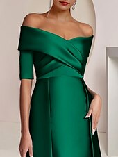 Dress Formal Wedding Guest Elegant Party Off Shoulder Floor Length Satin Half Sleeve with Ruching