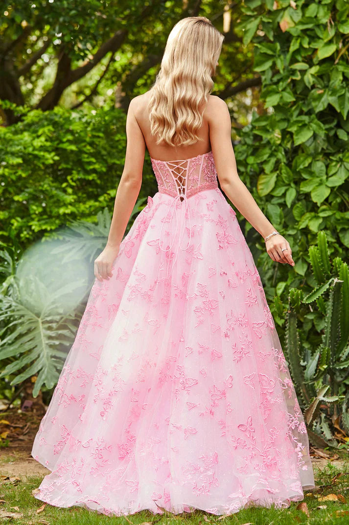 DingJiDress Formal Women's Dresses A-Line Sweetheart Strapless Lace Applique Slit Lace Up Floor-Length Prom Dresses
