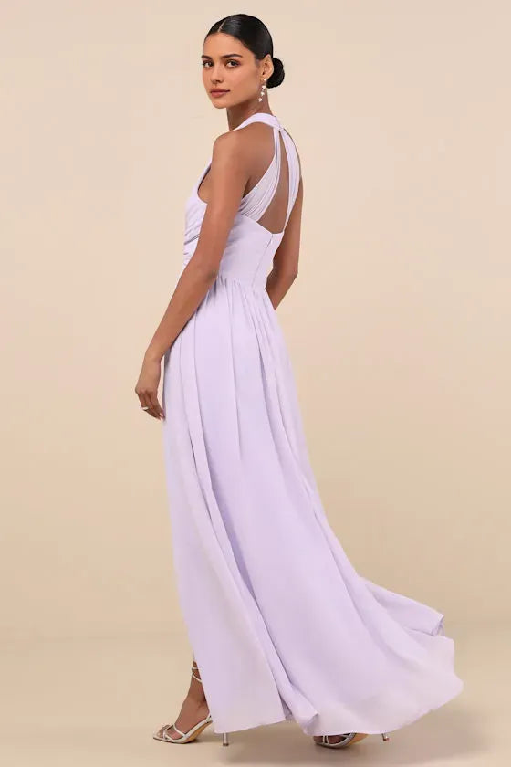 sexy Lavender Chiffon Halter Evening Dresses with Twisted Front Detail and High Side Slit Romantic Soirées and Formal Gala