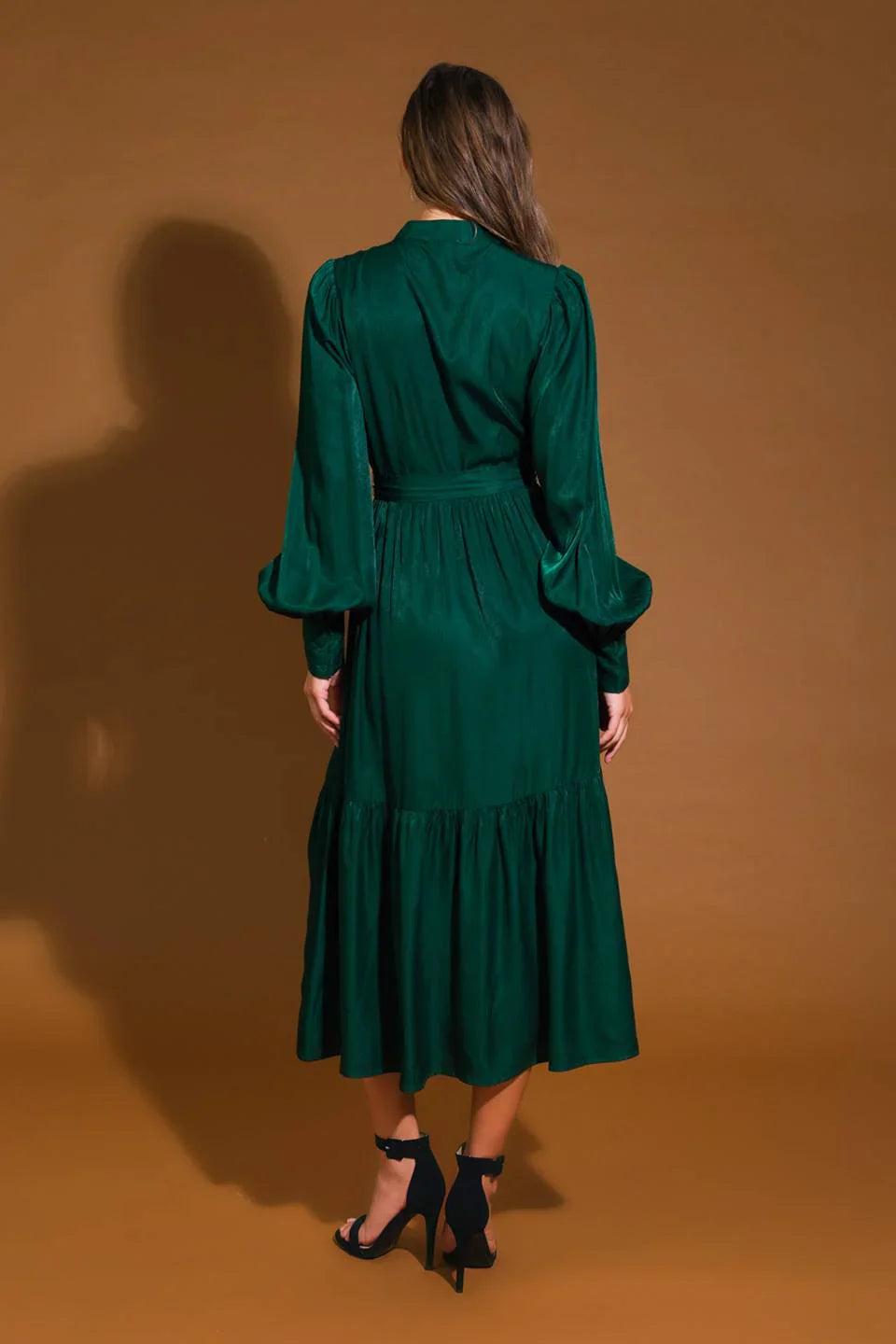 DingJiDress November December Wedding Guest Dress Featuring Round Neckline Long Sleeve With Cuff Bodice Pleating Detail Self Sash Tie Button Down Ruffled Hemline Formal Party Dress