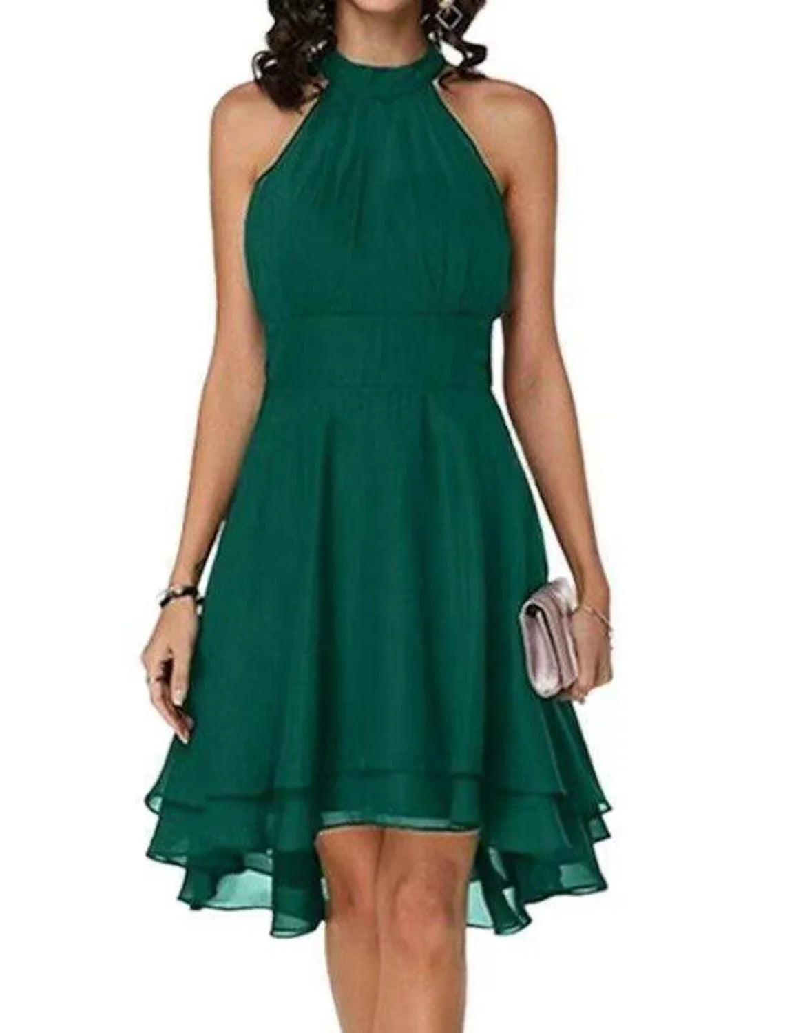 A-Line High Waisted Cocktail Party Dress Halter Neck V Back Engagement Semi-formal Dance Sleeveless Knee Length Chiffon with Sleek Tier