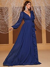 A-Line Evening Gown Elegant Dress Formal Wedding Floor Length Long Sleeve V Neck Chiffon with Ruffles Shouder Flower
