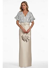 Blue Column Evening Gown Elegant Dress Formal Wedding Guest Floor Length Short Sleeve V Neck Belt / Sash Satin with Glitter Sequin Slit