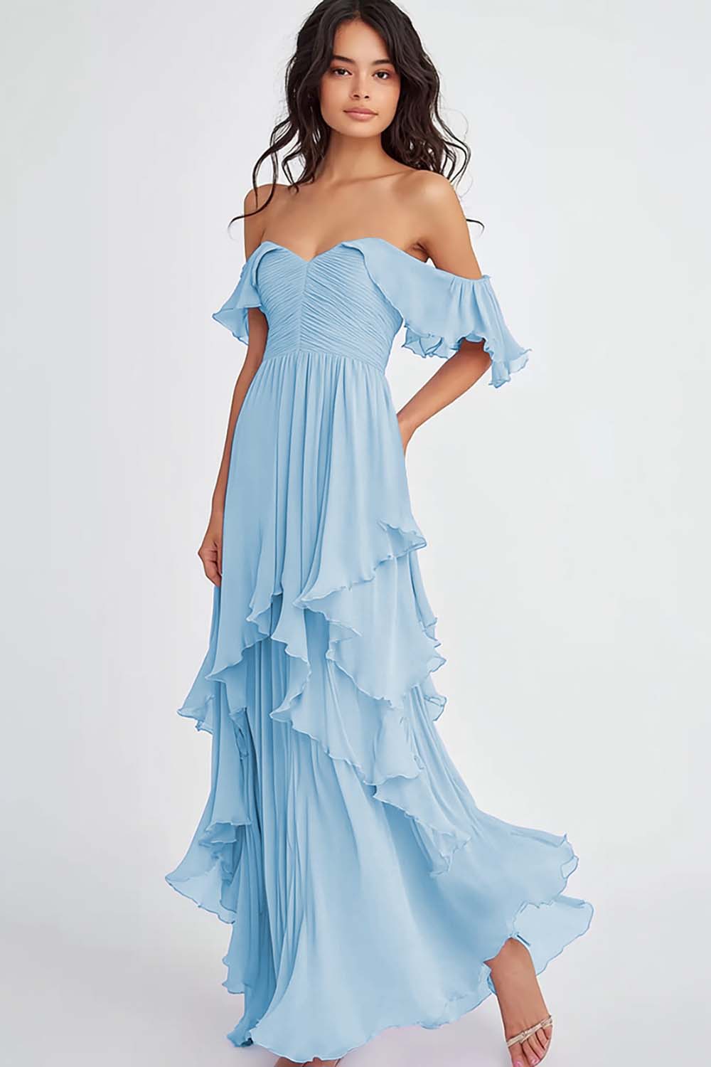 Lilac Off the Shoulder Chiffon Long Formal Dress with Ruffles