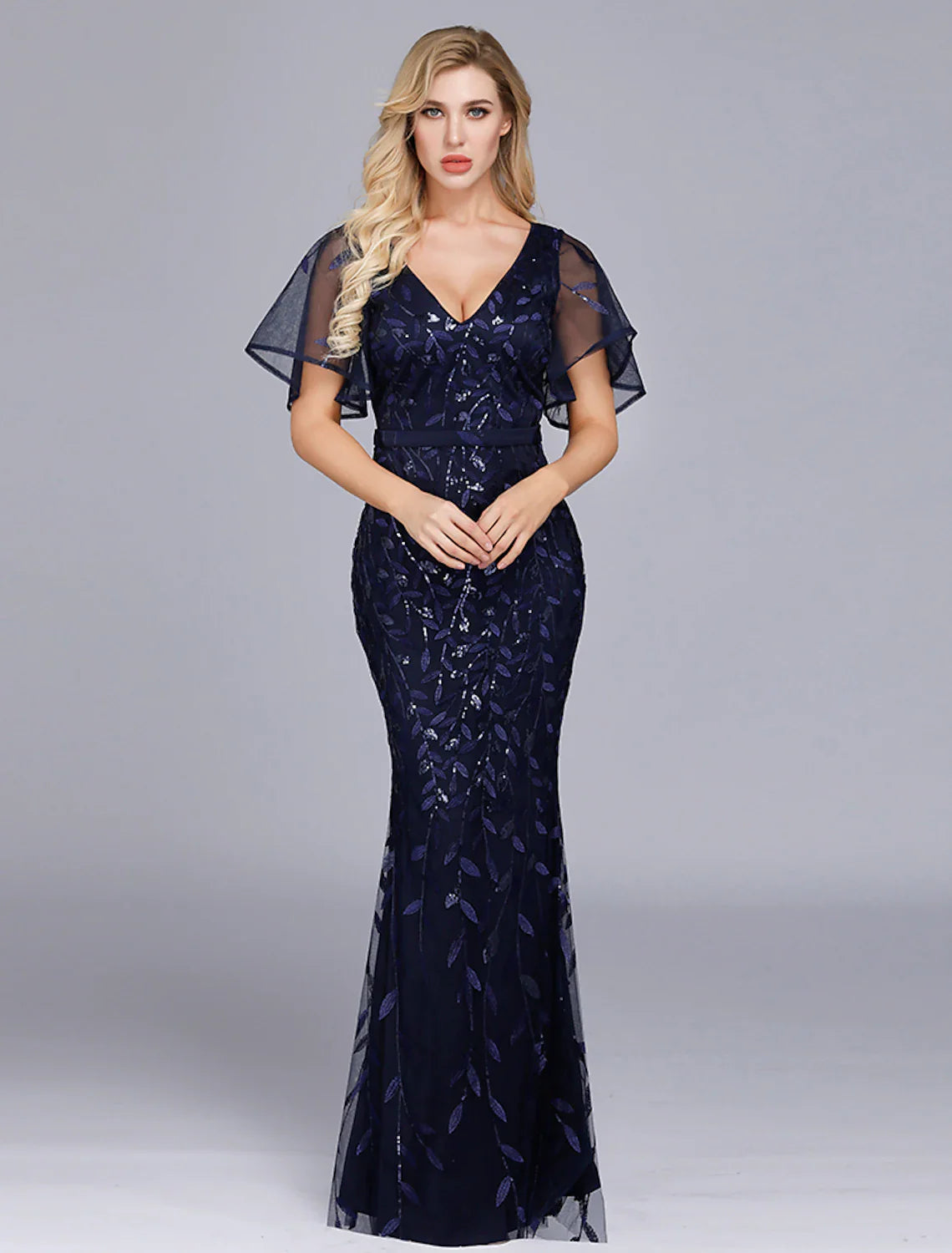 Evening Gown Dress Party Wear Floor Length Short Sleeve Tulle with Ruffles Embroidery