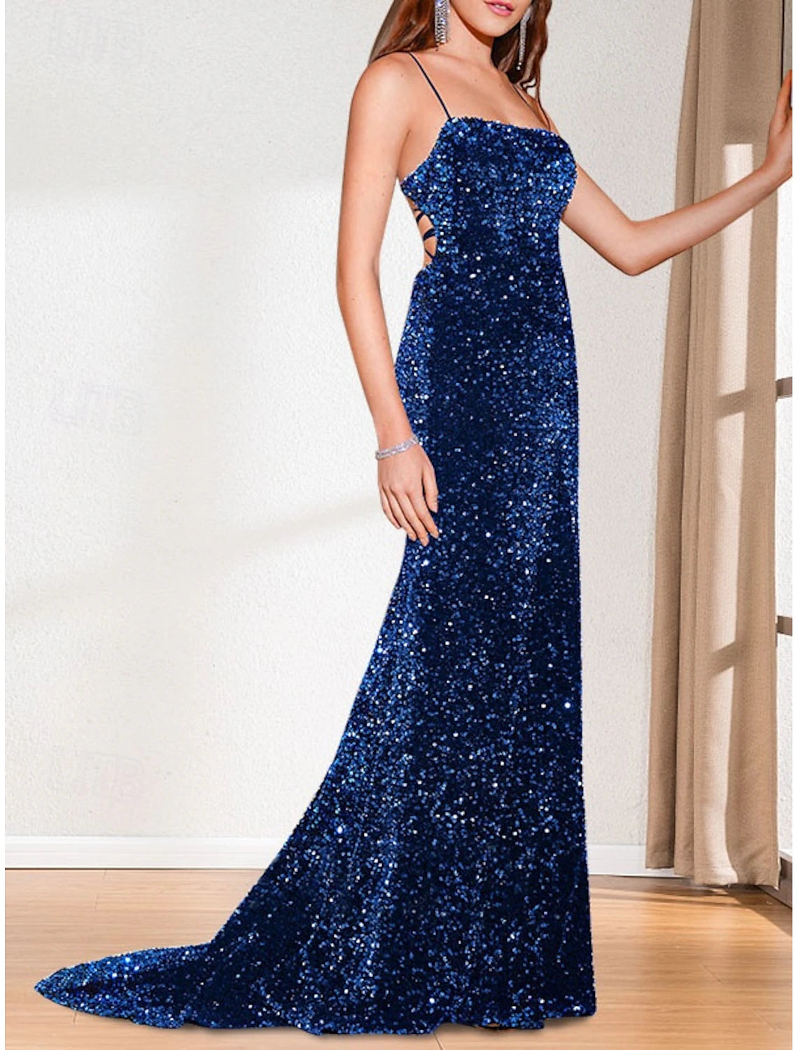 Trumpet Mother of the Bride Dress Formal Evening Church Elegant Sparkle & Shine Open Back Spaghetti Strap Strapless Straight Neckline Sweep / Brush Train Satin Spandex Sleeveless