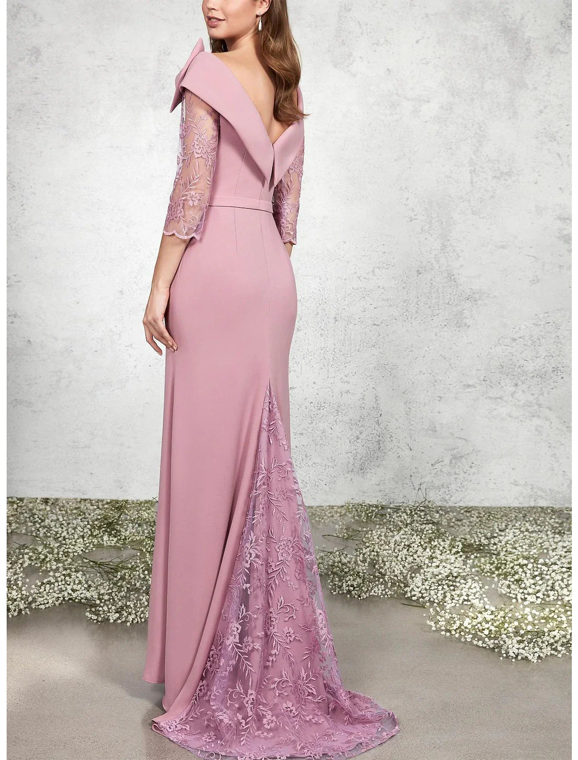 A-Line Mother of the Bride Dress Formal Wedding Guest Elegant Bateau Neck Sweep / Brush Train Chiffon Lace 3/4 Length Sleeve with Bow(s) Appliques