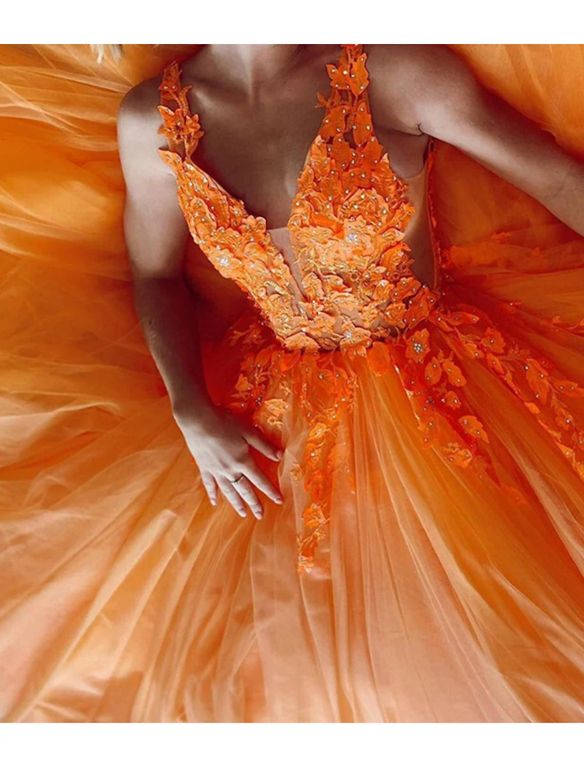 A-Line Prom Dresses Cut Out Dress Engagement Sweep / Brush Train Sleeveless V Neck Tulle Backless V Back with Appliques