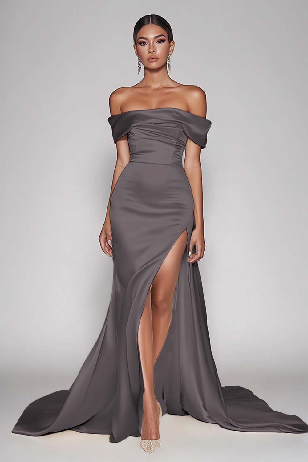 Cabernet Satin Off the Shoulder Long Sheath Prom Dress with Slit