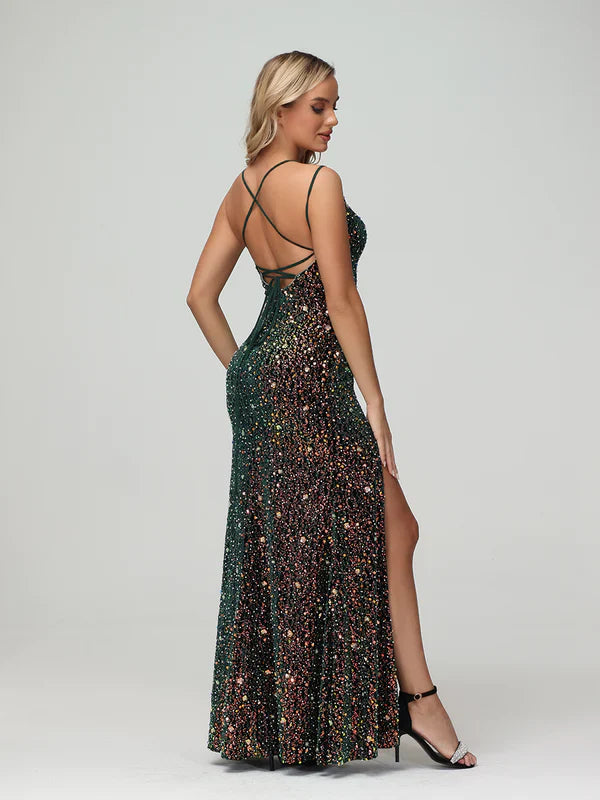 DingJiDress Luxury Spaghetti Strap Crisscross Back Sheath Prom Dresses