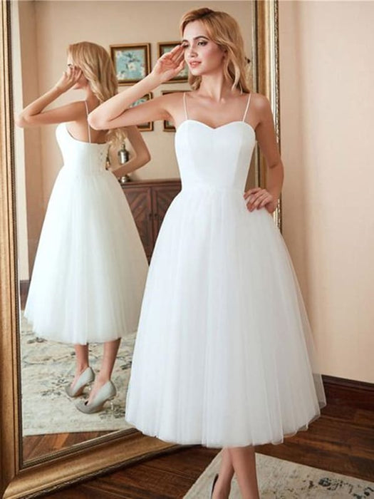 Sweetheart Neck Thin Straps White Tea Length Prom Tea Length White Homecoming White Formal Evening
