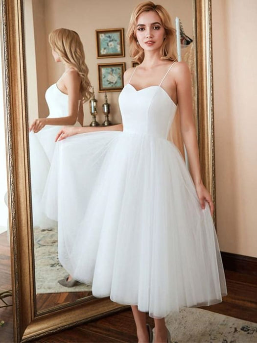 Sweetheart Neck Thin Straps White Tea Length Prom Tea Length White Homecoming White Formal Evening