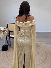 Evening Gown Sequin Elegant Dress Formal Floor Length Long Sleeve Off Shoulder Champagne Mother Of the Bride Dress with Glitter Shawl Masquerade Dress