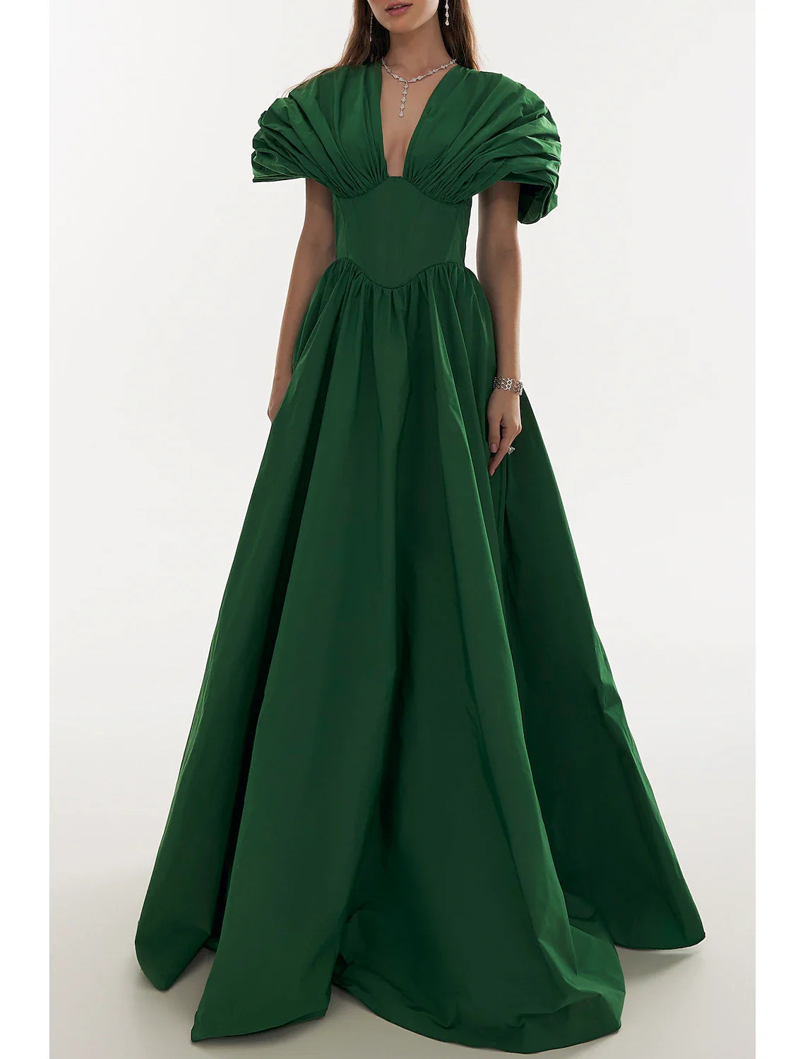 A-Line Evening Gown Elegant Christmas Red Green Dress Formal Black Dress Plus Size Fall Floor Length Short Sleeve V Neck Satin with Pleats