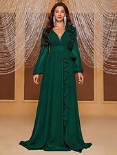 A-Line Evening Gown Elegant Dress Formal Wedding Floor Length Long Sleeve V Neck Chiffon with Ruffles Shouder Flower