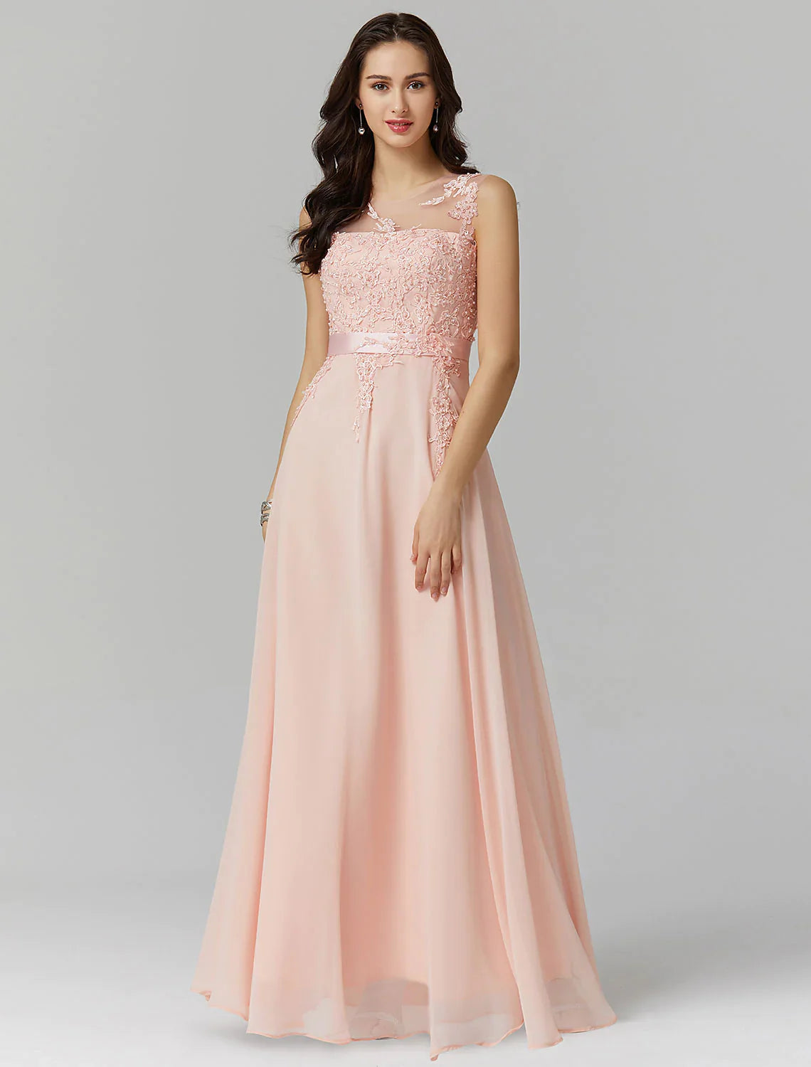 A-Line Evening Dresses Wedding Guest Floor Length Sleeveless Chiffon V Back Beading Appliques