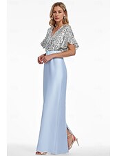 Blue Column Evening Gown Elegant Dress Formal Wedding Guest Floor Length Short Sleeve V Neck Belt / Sash Satin with Glitter Sequin Slit