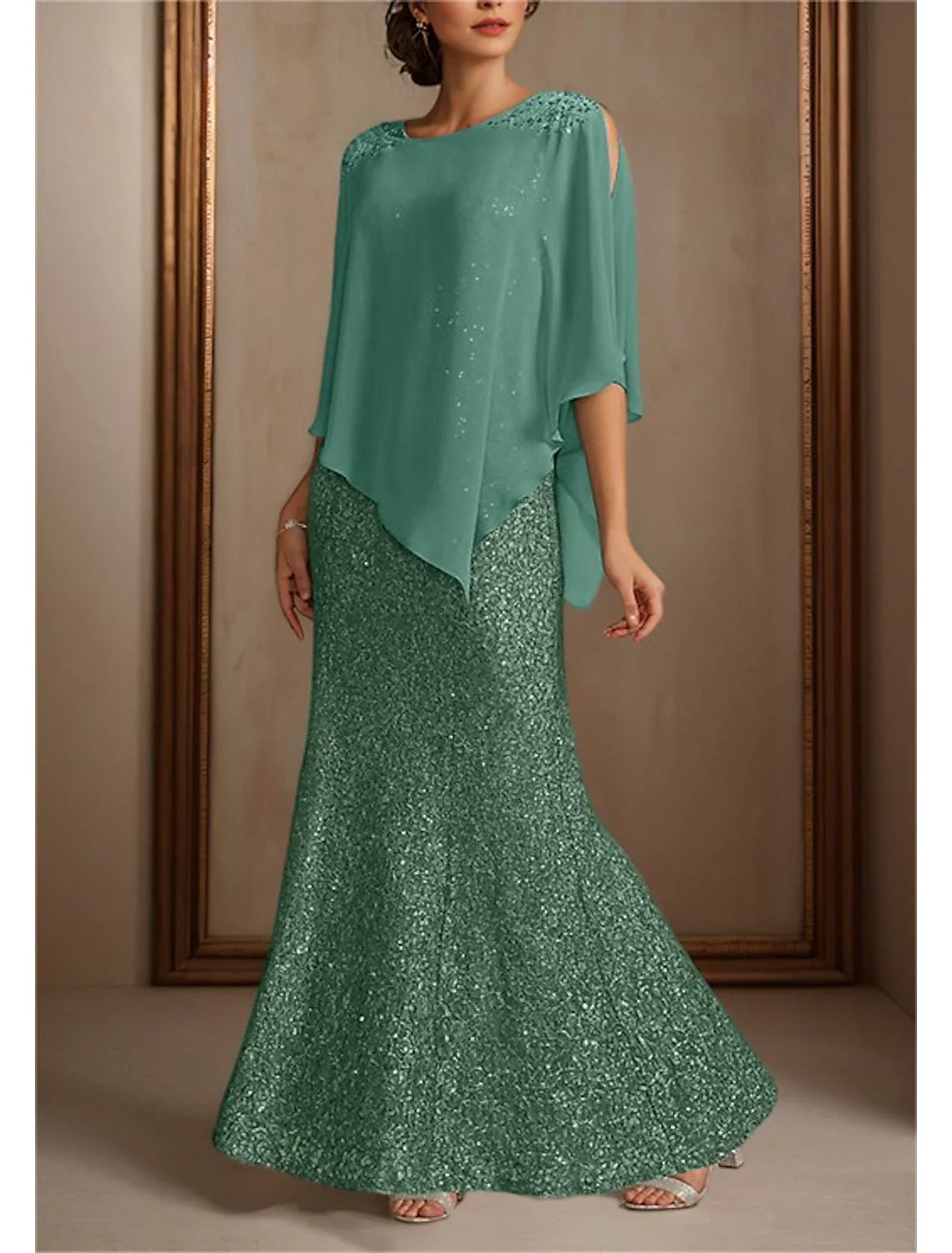 Two Piece Mermaid / Trumpet Mother of the Bride Dress Formal Wedding Guest Elegant Jewel Neck Floor Length Chiffon Sequined 3/4 Length Sleeve Wrap Included with Beading Sequin