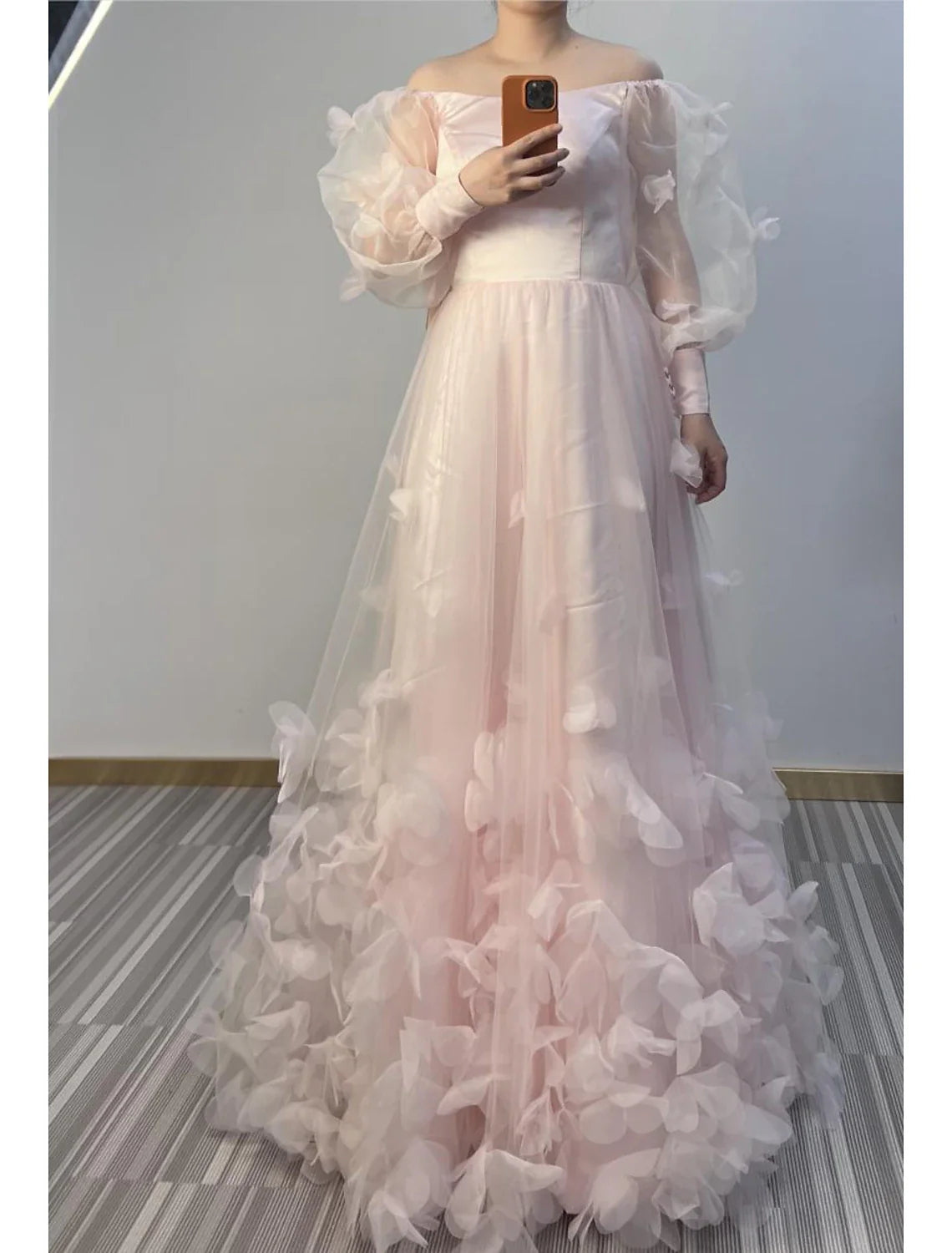 A-Line Prom Dresses Maxi Dress Sweet 16 Birthday Floor Length Long Sleeve Scoop Neck Tulle with Appliques Butterfly