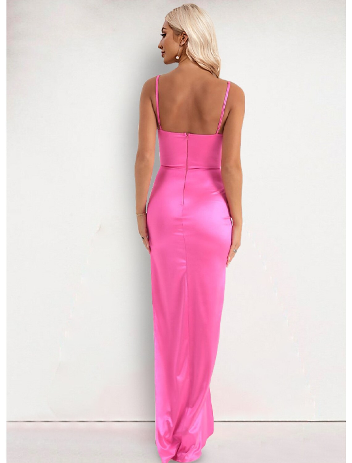 Evening Gown Dress Formal Floor Length Sleeveless Strap Stretch Satin with Slit