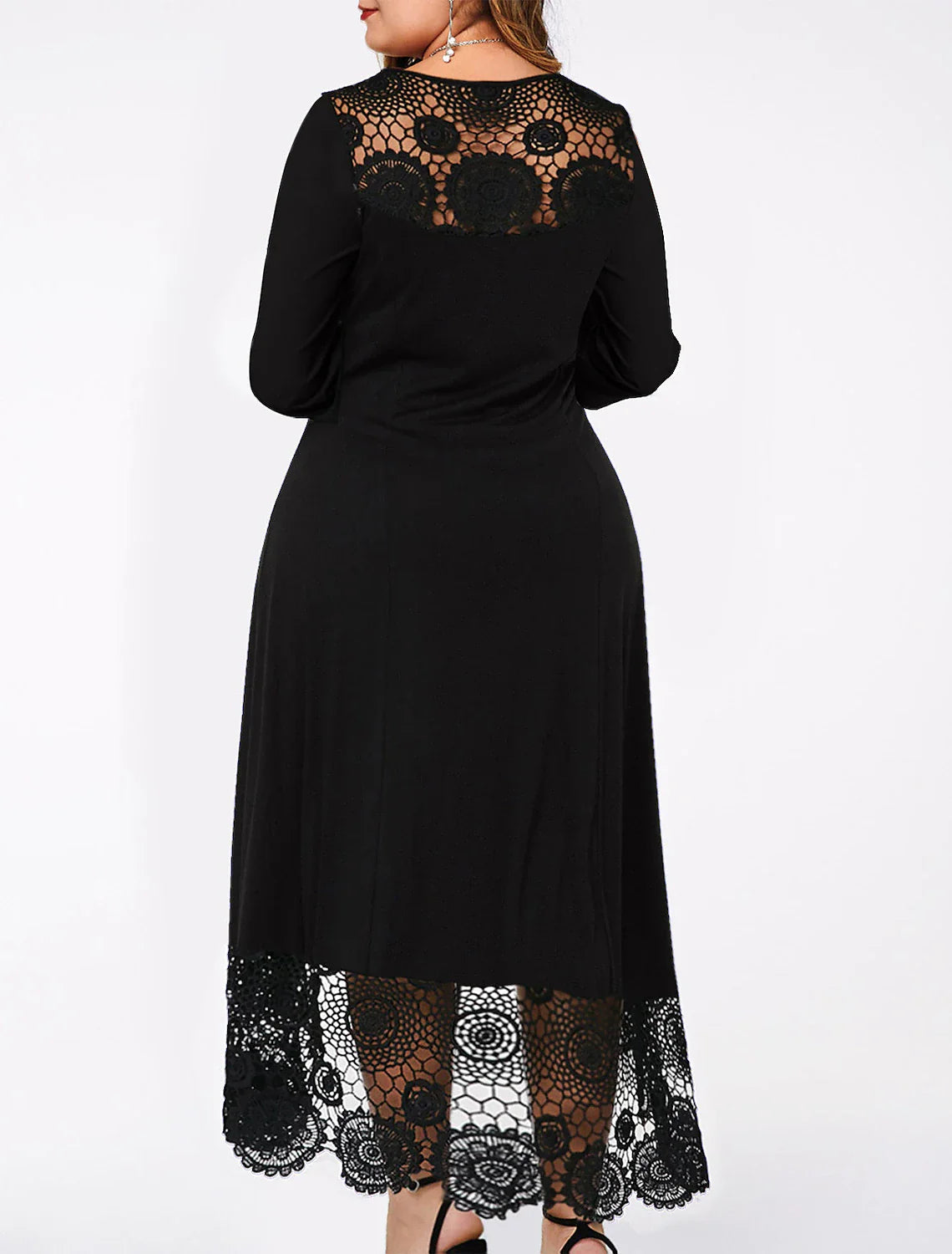 A-Line Cocktail Dresses Plus Size Dress Party Wear Wedding Guest Ankle Length Long Sleeve Jewel Neck Spandex with Lace