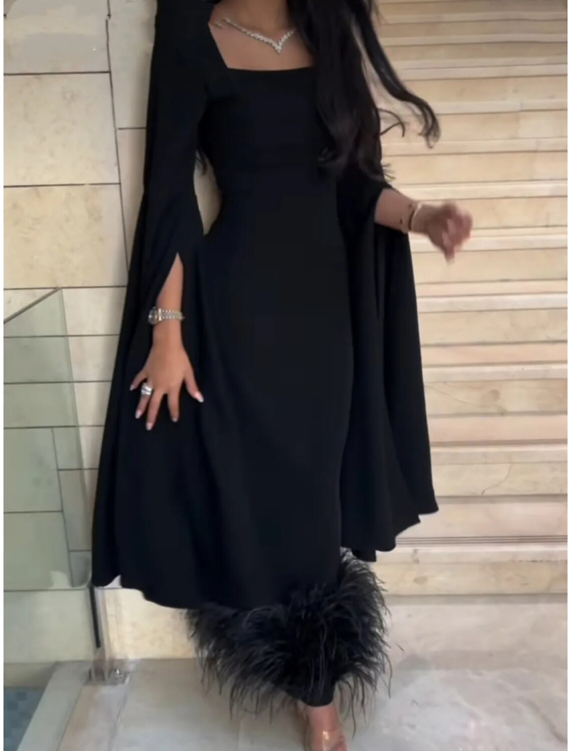 Sheath Black Dress Plus Size Evening Gown Elegant Dress Formal Ankle Length Long Sleeve Square Neck Stretch Fabric with Feather